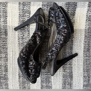 J.Renee Black Sequin Peep Toe Heels